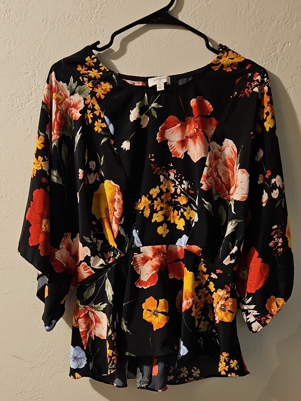 Umgee Black Floral Blouse with Red, Yellow and Cream Flowers